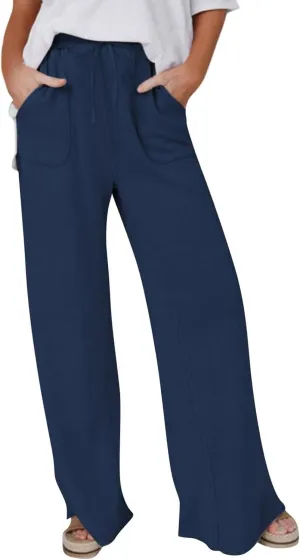 Linen Trousers Women Summer Cotton Palazzo Pants for Womens Dressy Pant Drawstring Woman