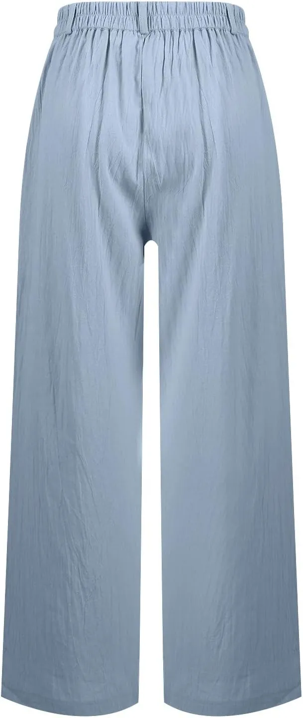 Linen Wide Leg Pants for Women Business Casual High Waisted Dress Pants Button Down Slacks Casual Summer Work Trousers