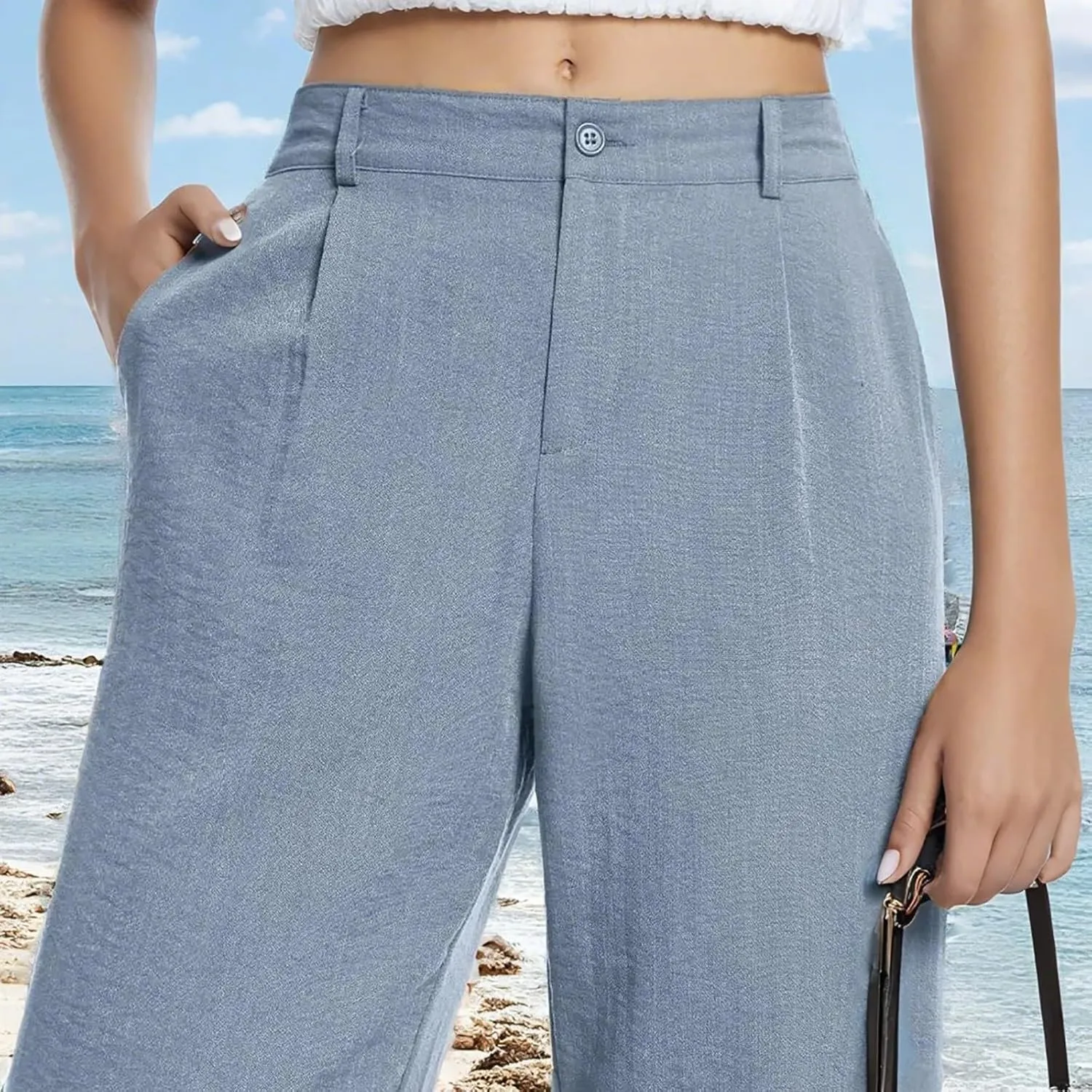 Linen Wide Leg Pants for Women Business Casual High Waisted Dress Pants Button Down Slacks Casual Summer Work Trousers