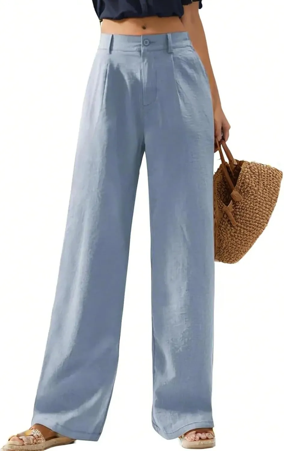 Linen Wide Leg Pants for Women Business Casual High Waisted Dress Pants Button Down Slacks Casual Summer Work Trousers