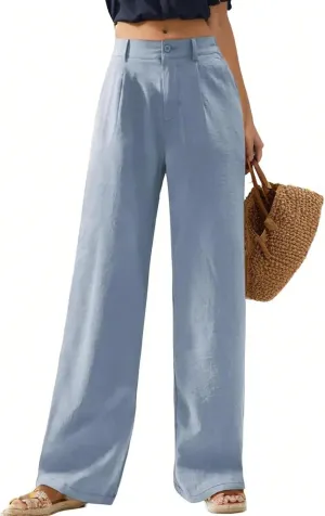 Linen Wide Leg Pants for Women Business Casual High Waisted Dress Pants Button Down Slacks Casual Summer Work Trousers
