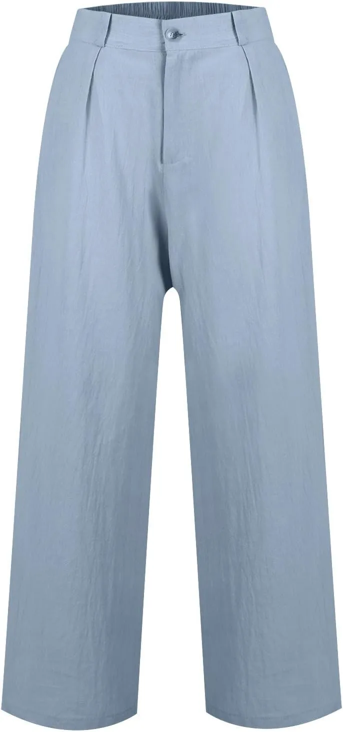 Linen Wide Leg Pants for Women Business Casual High Waisted Dress Pants Button Down Slacks Casual Summer Work Trousers