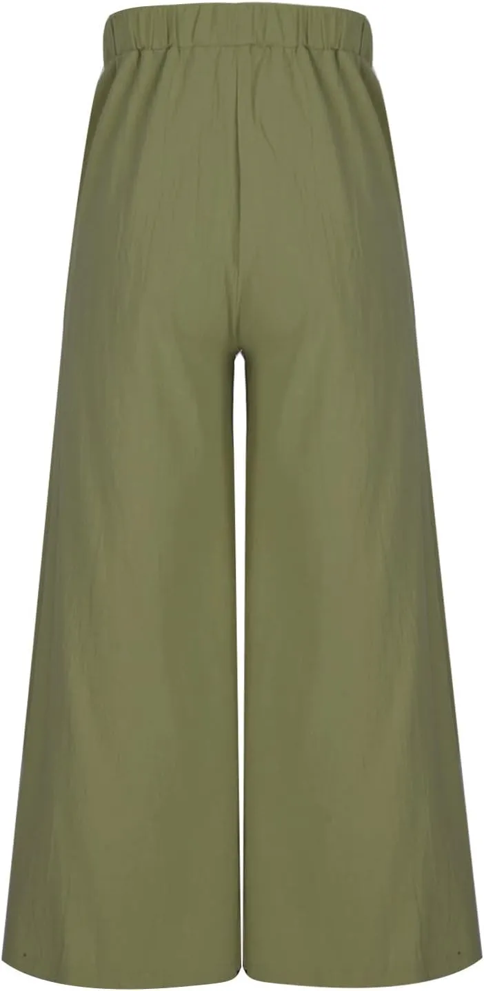 Linen Wide Leg Pants for Women Casual Summer Elastic High Waisted Flowy Beach Pants Loose Lounge Trousers Plus Size