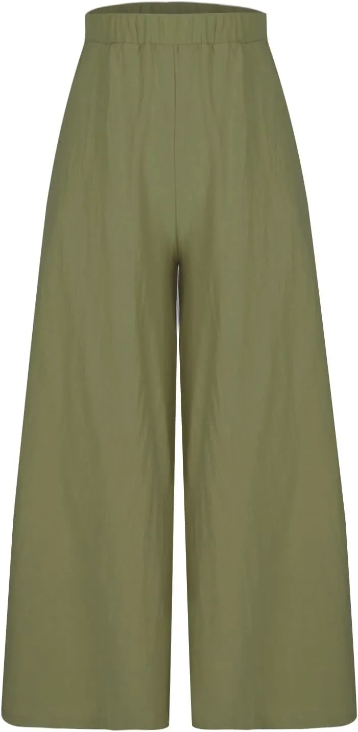 Linen Wide Leg Pants for Women Casual Summer Elastic High Waisted Flowy Beach Pants Loose Lounge Trousers Plus Size