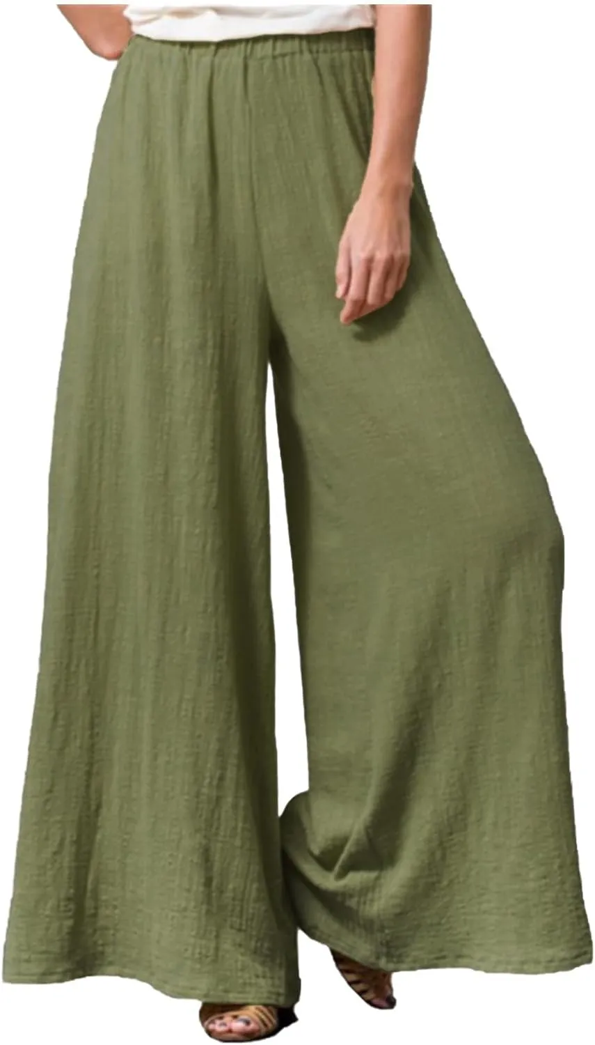 Linen Wide Leg Pants for Women Casual Summer Elastic High Waisted Flowy Beach Pants Loose Lounge Trousers Plus Size