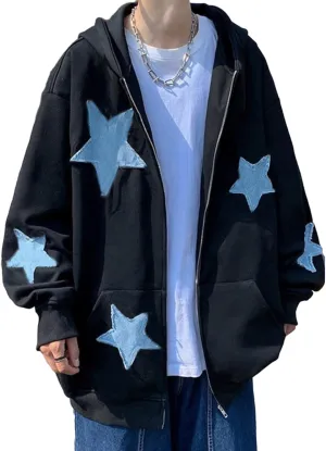 lisenraIn Women Teen Girls Star Pattern Zip Up Hoodie Y2K Vintage Oversized Sweatshirt Spring Fall Aesthetic Trendy Jacket
