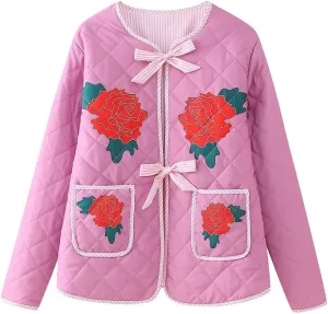 Lisskolo Women's Lightweight Quilted Jacket Tie Open Front Floral Printed Cotton Padded Y2k Short Coat Outwear Cardigan