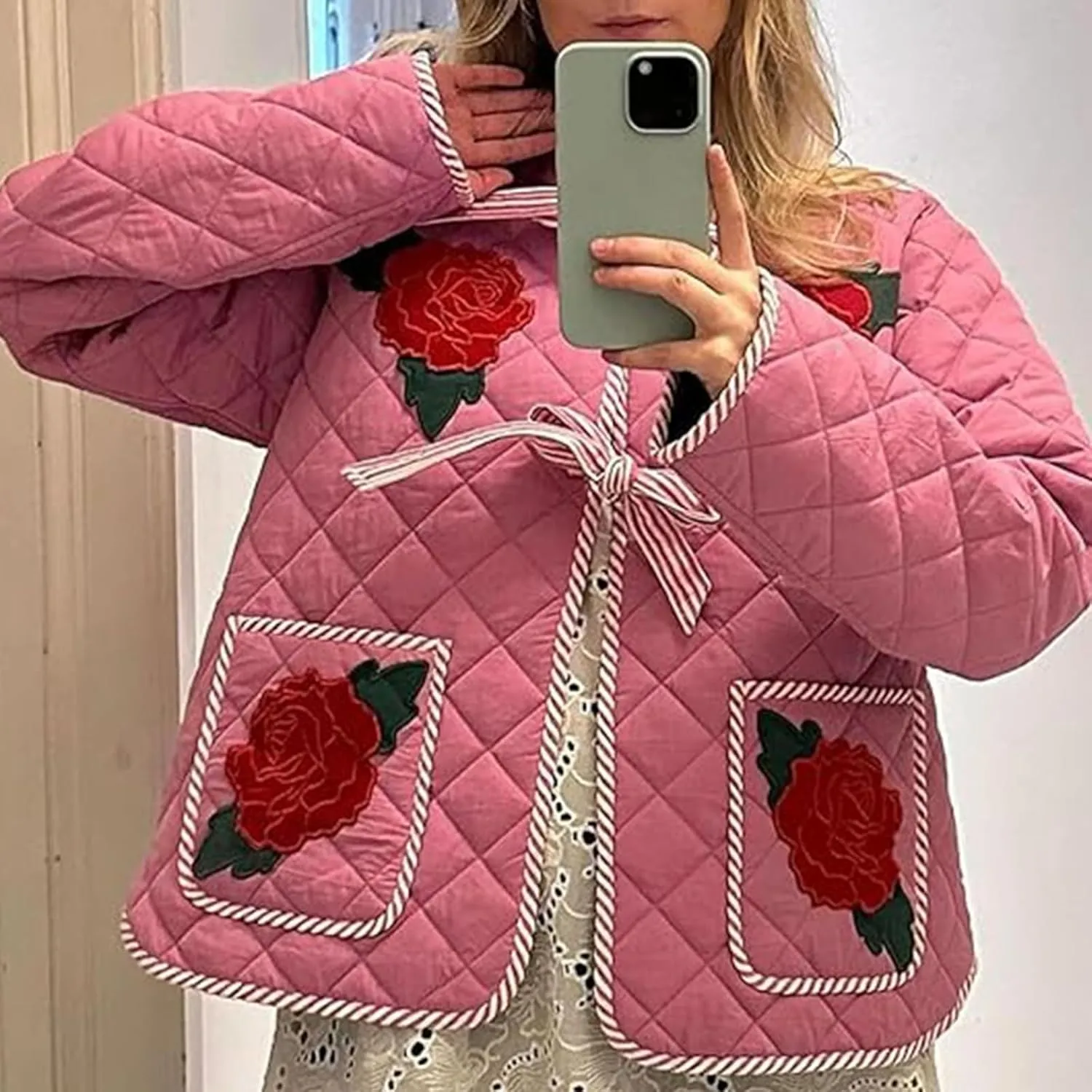 Lisskolo Women's Lightweight Quilted Jacket Tie Open Front Floral Printed Cotton Padded Y2k Short Coat Outwear Cardigan