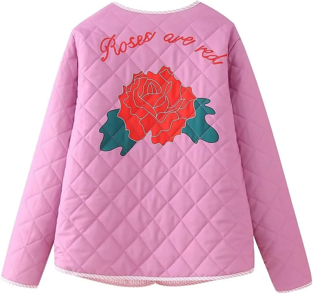 Lisskolo Women's Lightweight Quilted Jacket Tie Open Front Floral Printed Cotton Padded Y2k Short Coat Outwear Cardigan