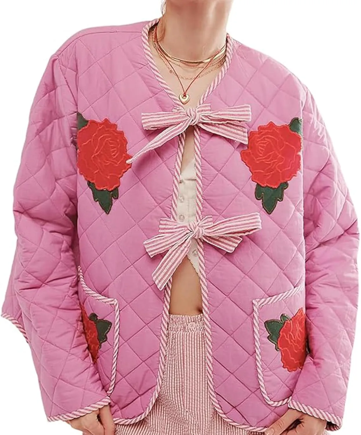 Lisskolo Women's Lightweight Quilted Jacket Tie Open Front Floral Printed Cotton Padded Y2k Short Coat Outwear Cardigan