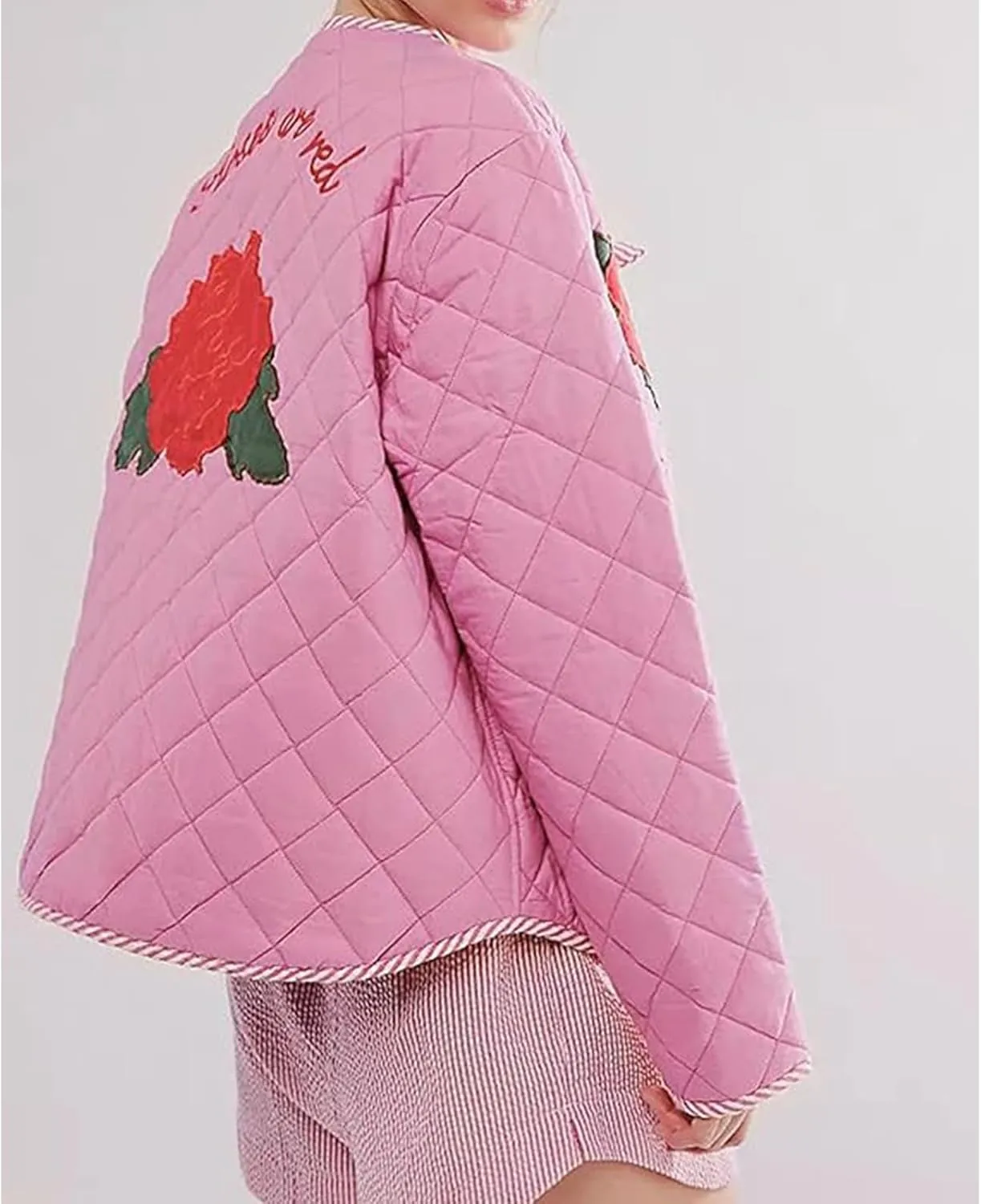Lisskolo Women's Lightweight Quilted Jacket Tie Open Front Floral Printed Cotton Padded Y2k Short Coat Outwear Cardigan