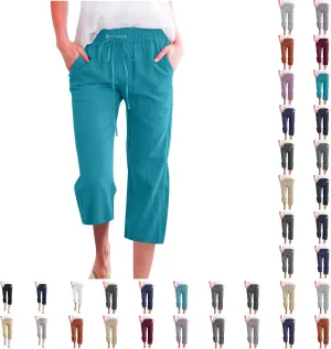 Litetao Capri Pants for Women Casual Summer Solid Capris Drawstring Waist Linen Pants Straight Leg Beach Cropped Trousers