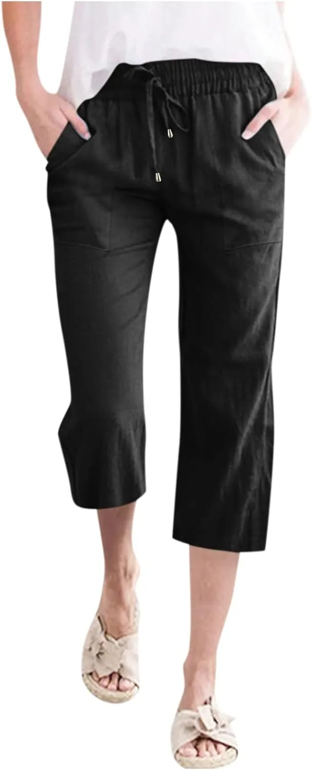 Litetao Capri Pants for Women Casual Summer Solid Capris Drawstring Waist Linen Pants Straight Leg Beach Cropped Trousers