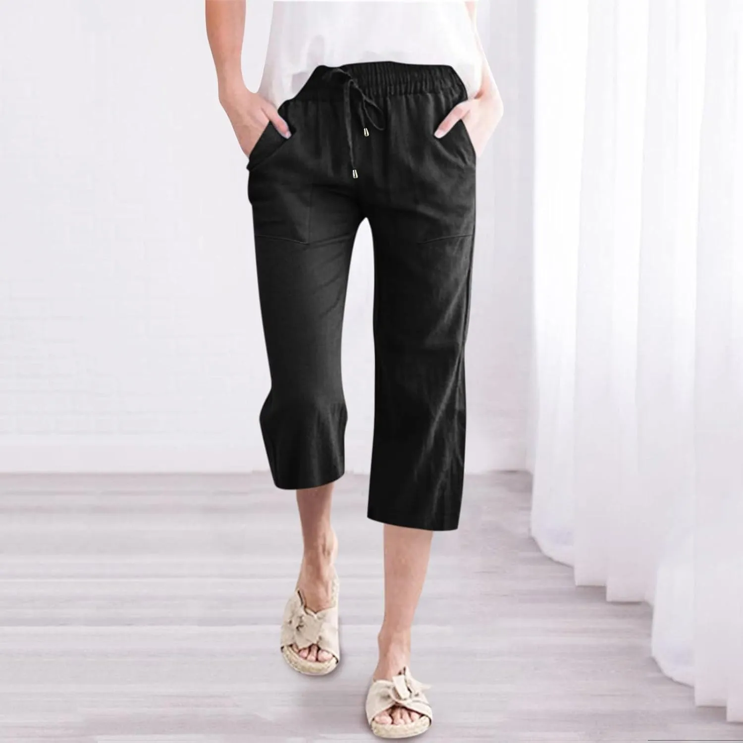 Litetao Capri Pants for Women Casual Summer Solid Capris Drawstring Waist Linen Pants Straight Leg Beach Cropped Trousers