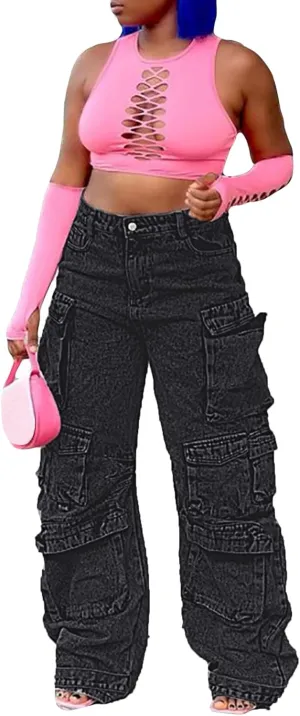 LKOUS Women's Y2K Baggy Straight Wide Leg Cargo Jeans, Streetwear High Waisted Denim Pant
