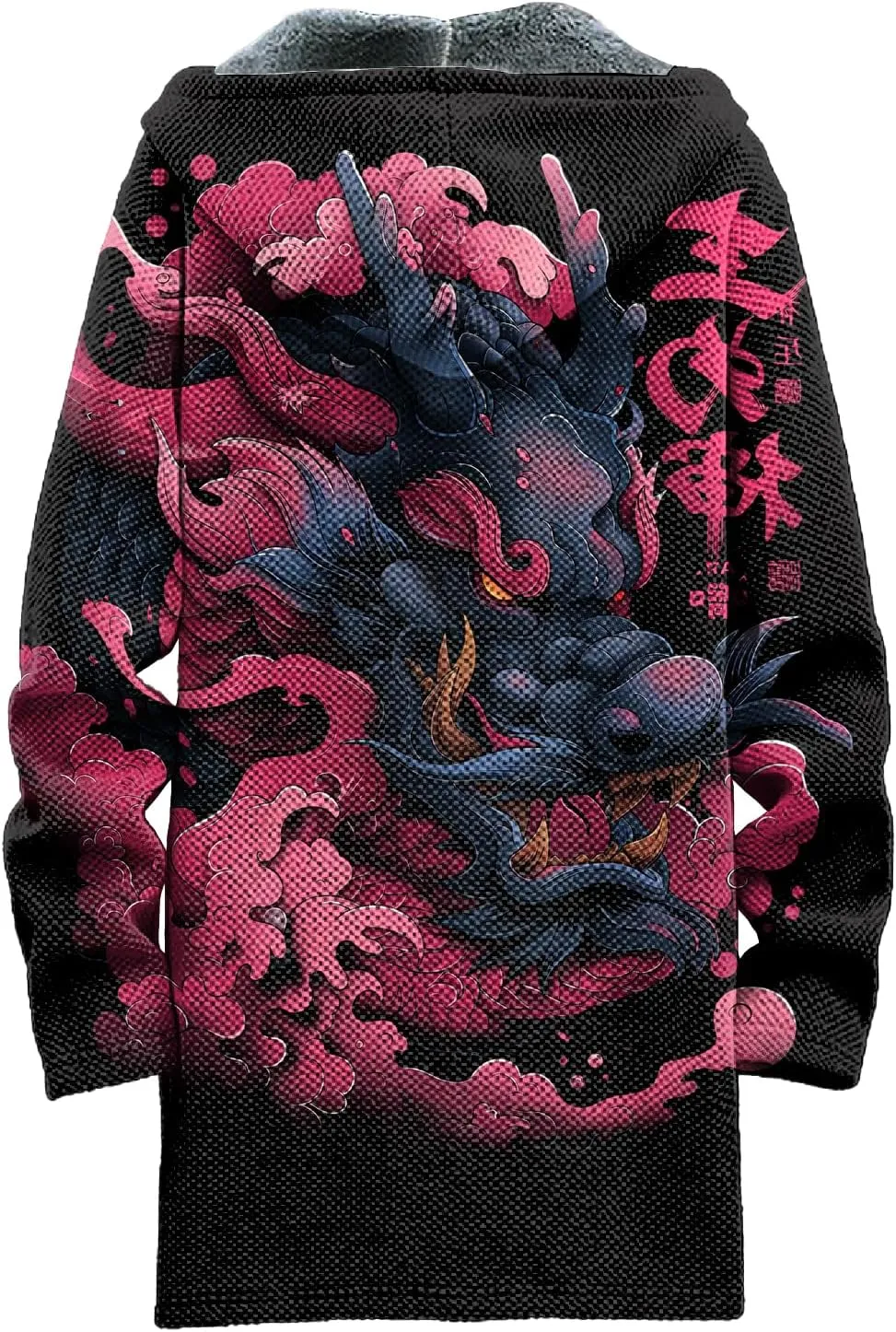 Long Hooded Cardigan Men Japanese Neon Art Graphic Open Front Zip Up Fleece Warm Fall Novelty Lightweight Coat