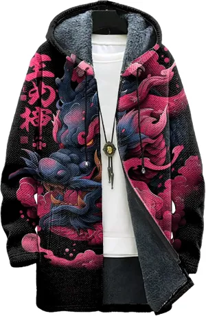 Long Hooded Cardigan Men Japanese Neon Art Graphic Open Front Zip Up Fleece Warm Fall Novelty Lightweight Coat
