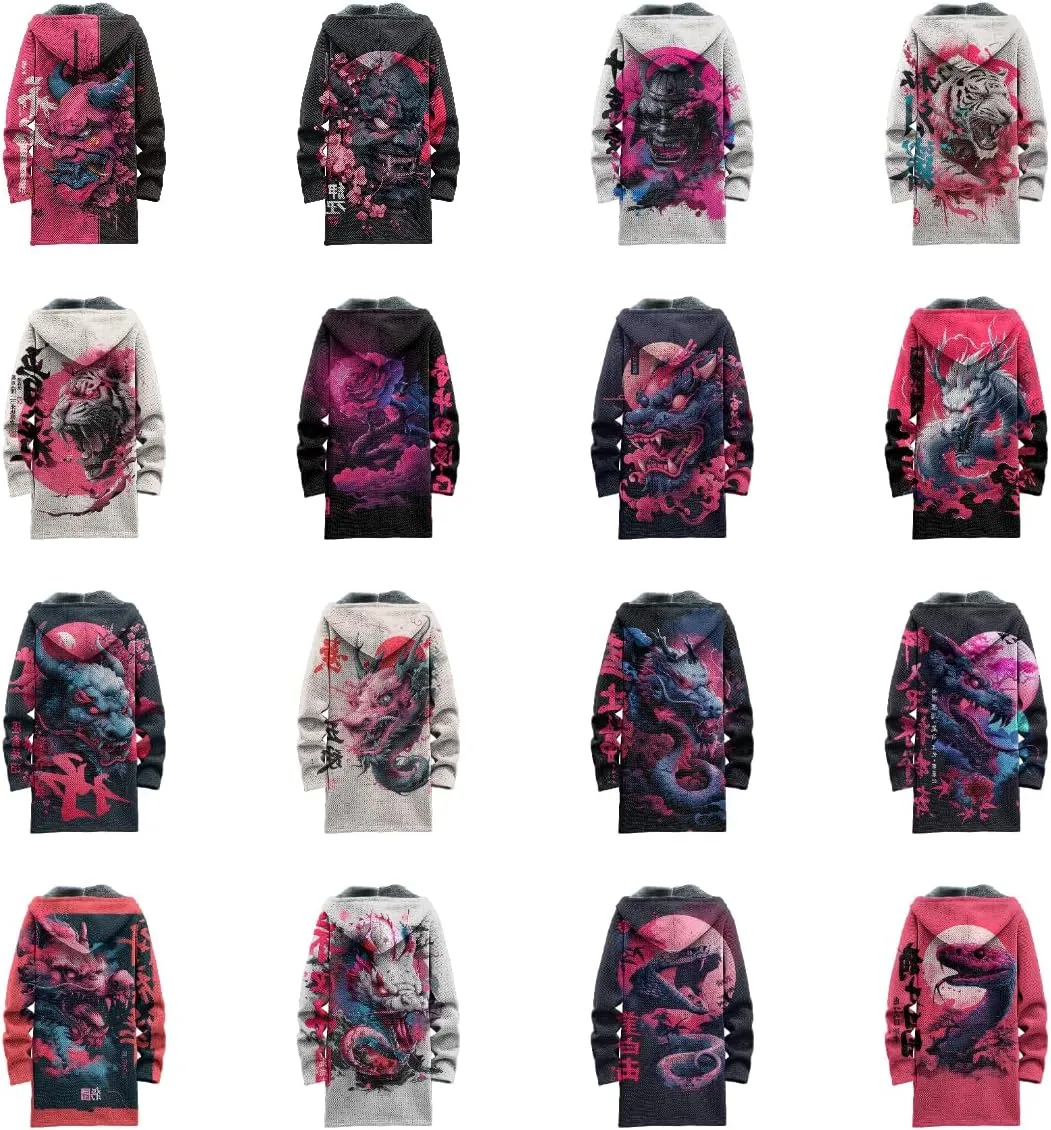 Long Hooded Cardigan Men Japanese Neon Art Graphic Open Front Zip Up Fleece Warm Fall Novelty Lightweight Coat
