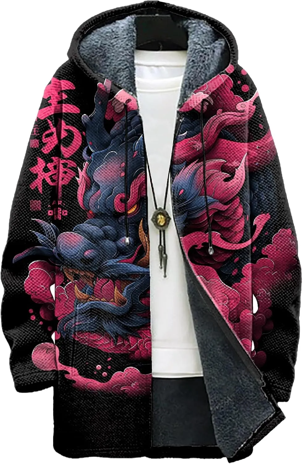 Long Hooded Cardigan Men Japanese Neon Art Graphic Open Front Zip Up Fleece Warm Fall Novelty Lightweight Coat