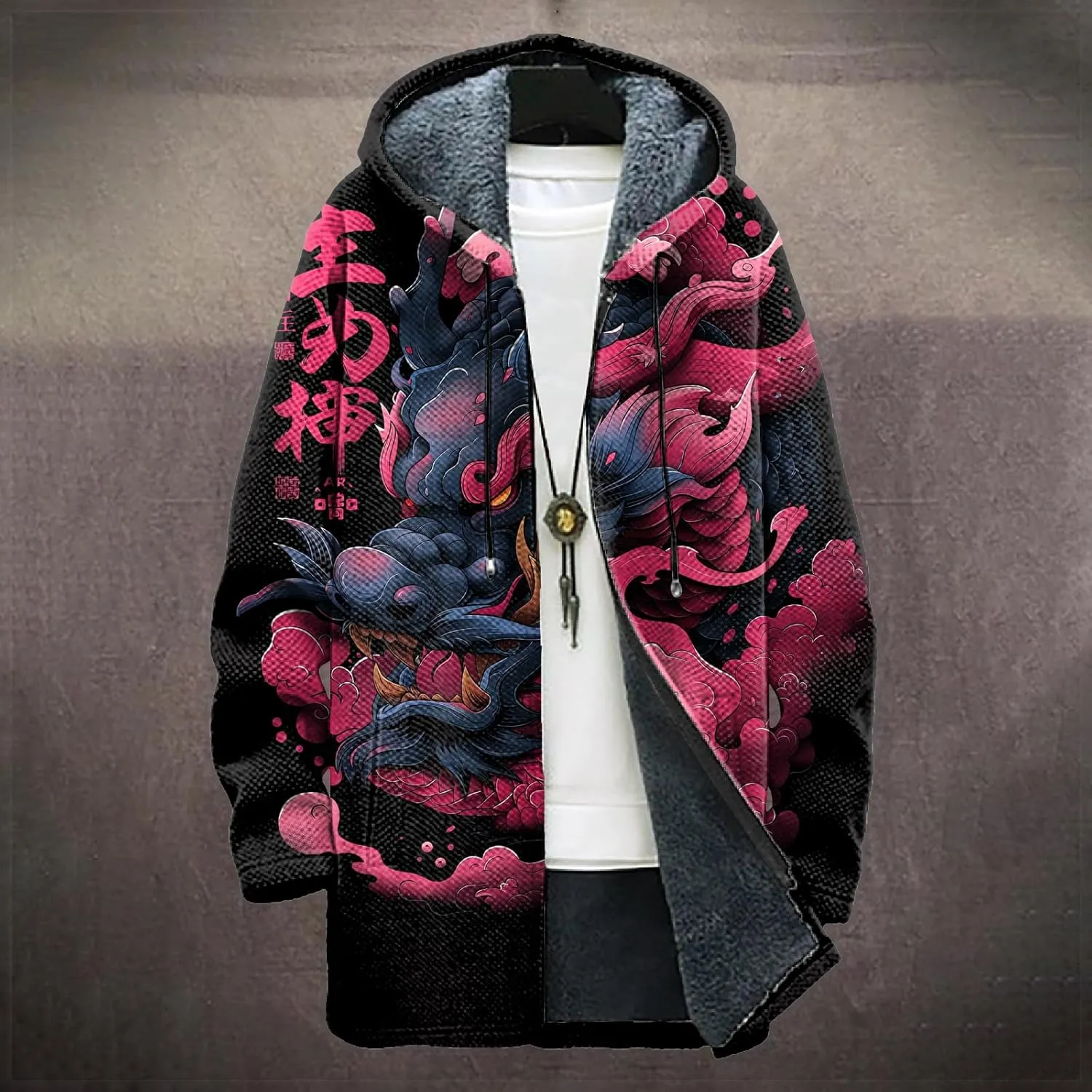 Long Hooded Cardigan Men Japanese Neon Art Graphic Open Front Zip Up Fleece Warm Fall Novelty Lightweight Coat