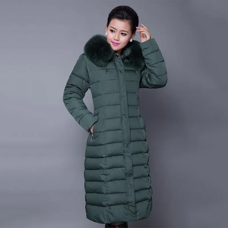 Long Women Winter Jacket Office Ladies Solid Parka Hooded Thick With Fur Collar Slim Cotton Padded Coat Jacke-