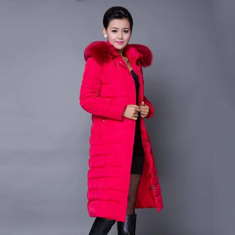 Long Women Winter Jacket Office Ladies Solid Parka Hooded Thick With Fur Collar Slim Cotton Padded Coat Jacke-
