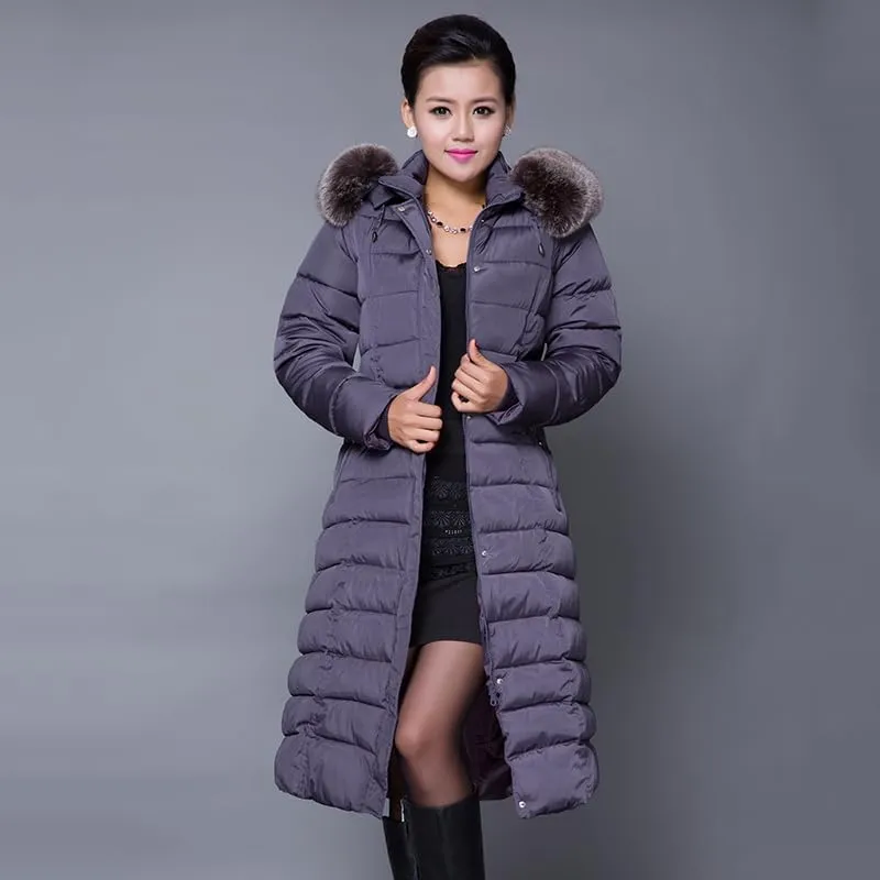 Long Women Winter Jacket Office Ladies Solid Parka Hooded Thick With Fur Collar Slim Cotton Padded Coat Jacke-