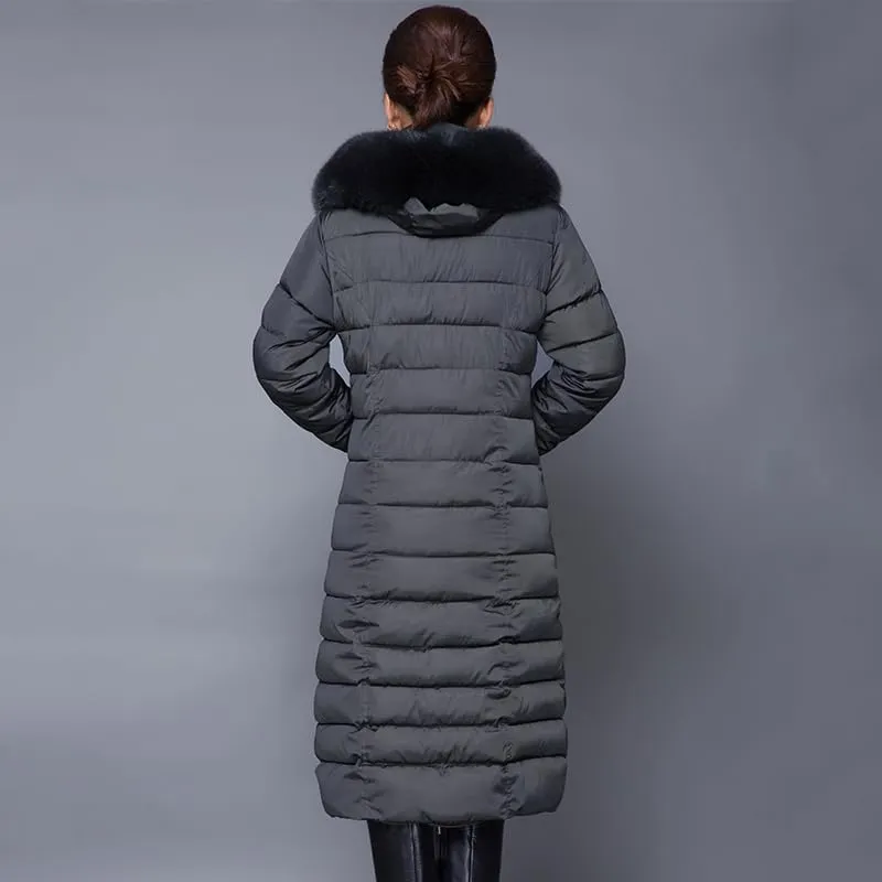 Long Women Winter Jacket Office Ladies Solid Parka Hooded Thick With Fur Collar Slim Cotton Padded Coat Jacke-