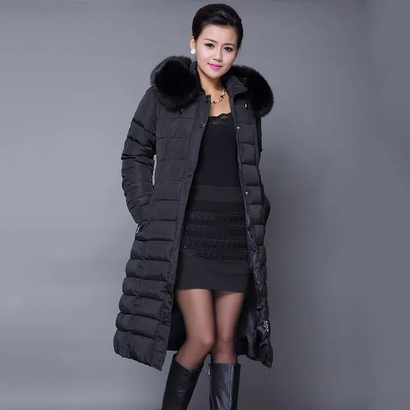 Long Women Winter Jacket Office Ladies Solid Parka Hooded Thick With Fur Collar Slim Cotton Padded Coat Jacke-