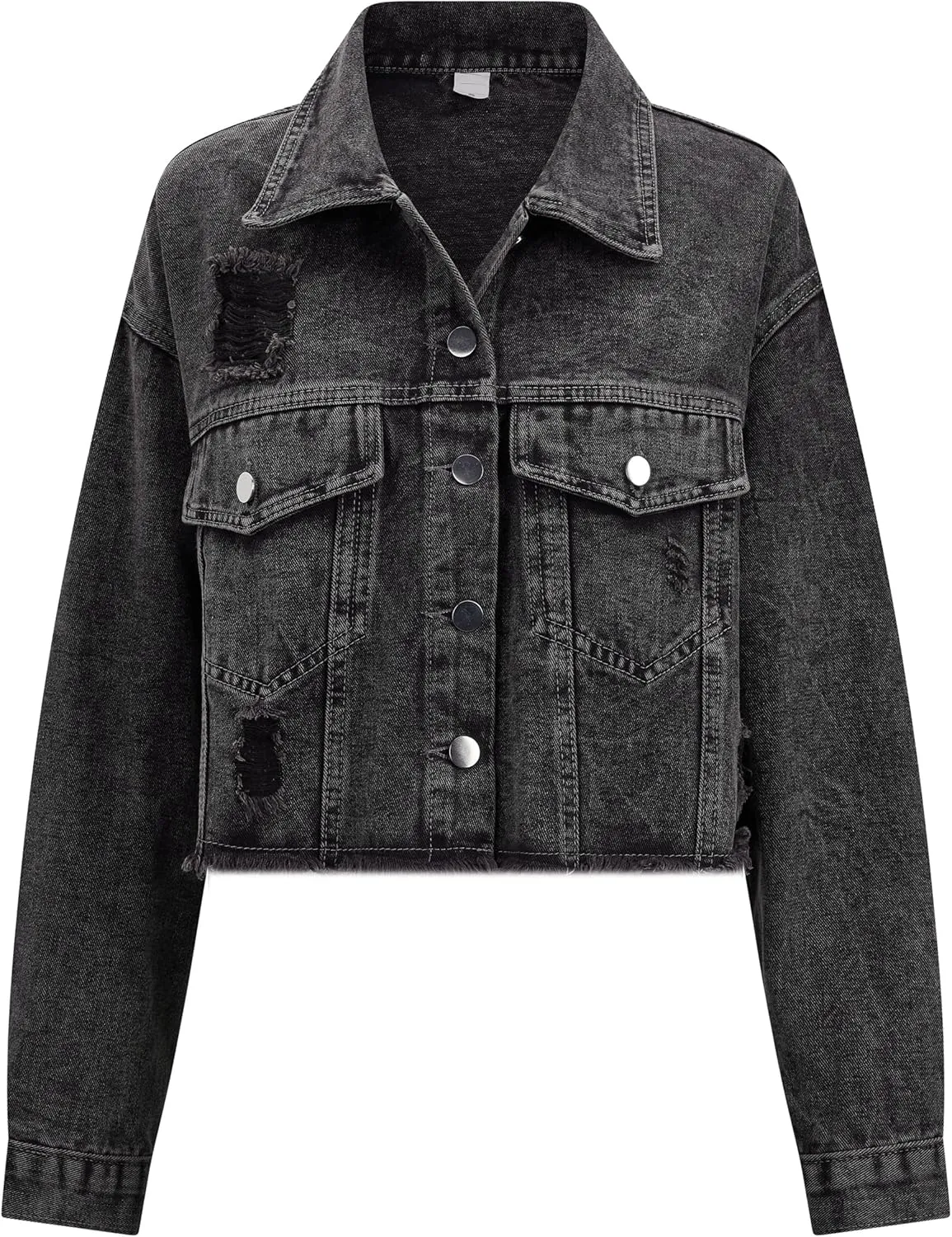 LONGYIDA Women's Cropped Denim Jacket | Distressed Button-Down Jean Jacket | Long Sleeve Ripped & Frayed Blue Coat