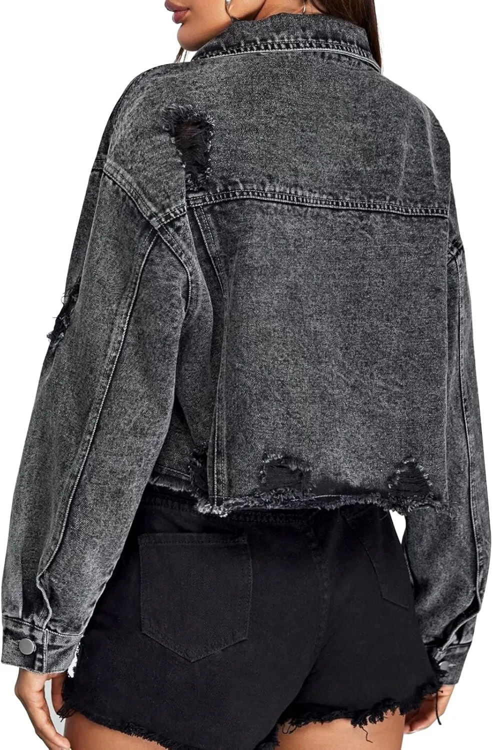 LONGYIDA Women's Cropped Denim Jacket | Distressed Button-Down Jean Jacket | Long Sleeve Ripped & Frayed Blue Coat