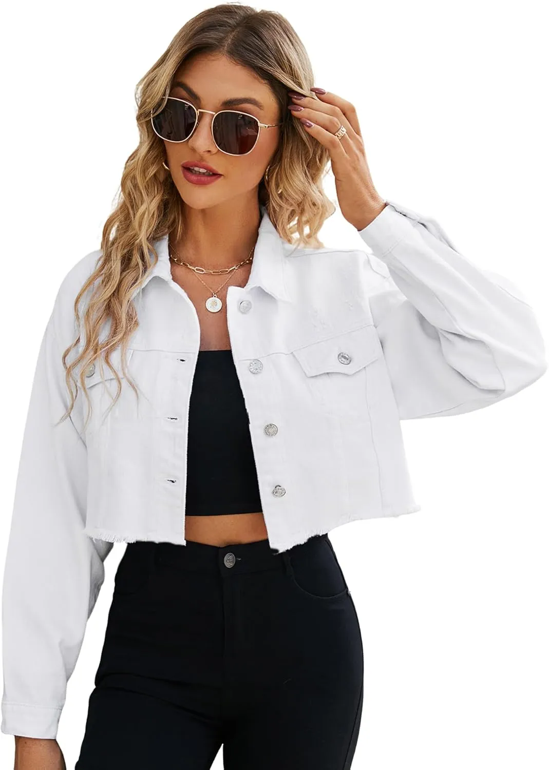 LONGYIDA Women's Cropped Denim Jacket | Distressed Button-Down Jean Jacket | Long Sleeve Ripped & Frayed Blue Coat