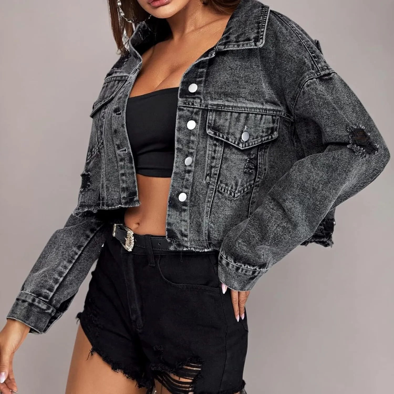 LONGYIDA Women's Cropped Denim Jacket | Distressed Button-Down Jean Jacket | Long Sleeve Ripped & Frayed Blue Coat