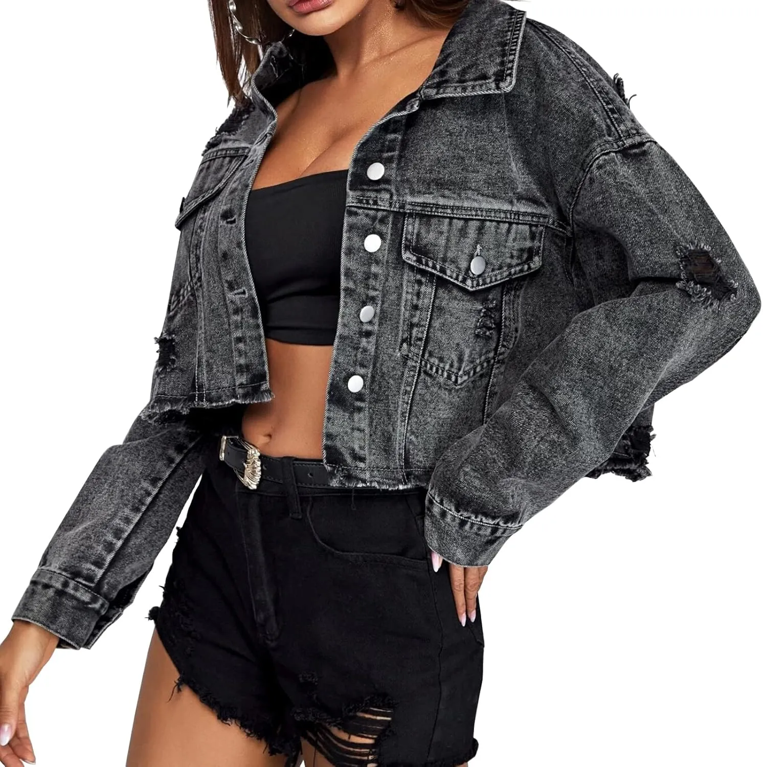 LONGYIDA Women's Cropped Denim Jacket | Distressed Button-Down Jean Jacket | Long Sleeve Ripped & Frayed Blue Coat