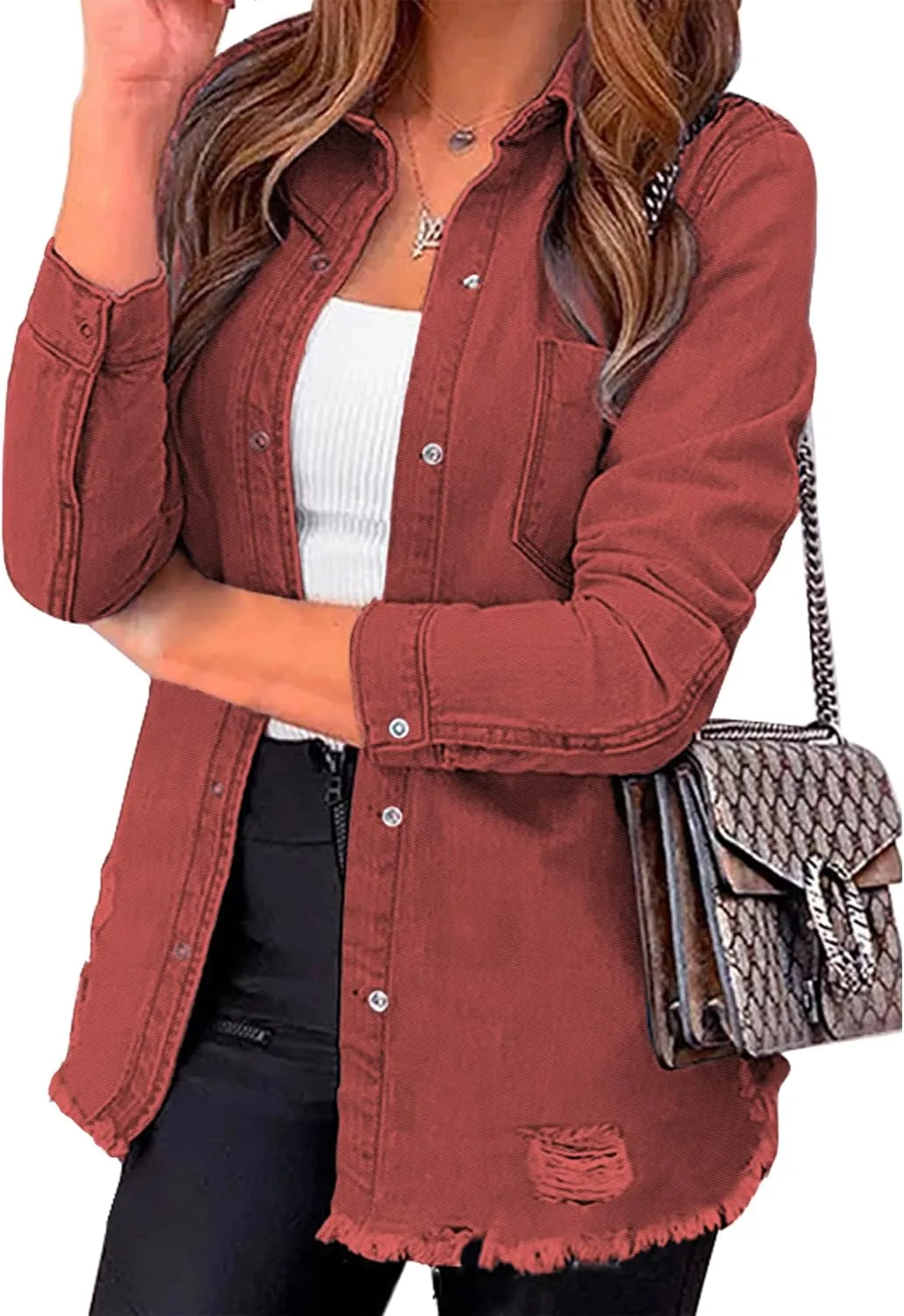 luvamia Womens Denim Jacket Distressed Button Down Jean Shirt For Women Ripped Shacket Coat