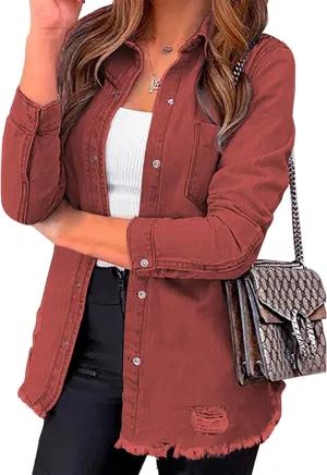 luvamia Womens Denim Jacket Distressed Button Down Jean Shirt For Women Ripped Shacket Coat