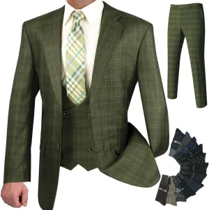 Luxurious Men's 3-Piece Glen Plaid Pattern Suit, Blazer, Vest and Pants w/1 Pair of Socks