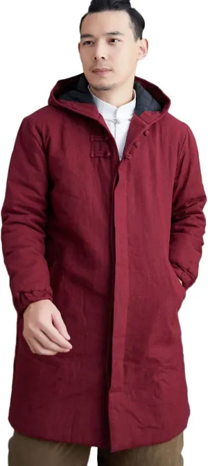LZJN Men's Winter Jacket Coat Fashion Thick Warm Soft Cotton Padded Wadded Jacket Hooded Parkas (Dark Red, XXL)