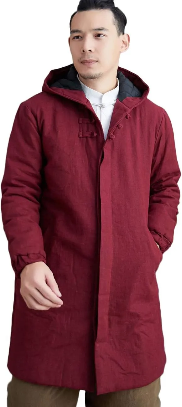 LZJN Men's Winter Jacket Coat Fashion Thick Warm Soft Cotton Padded Wadded Jacket Hooded Parkas (Dark Red, XXL)