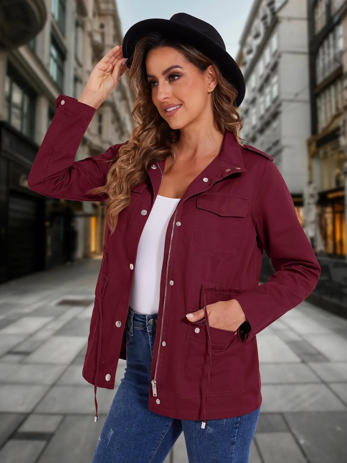 MAGCOMSEN Women's Utility Jackets Lightweight Anorak Drawstring Waist Zip Up Field Military Casual Coat with 4 Pockets