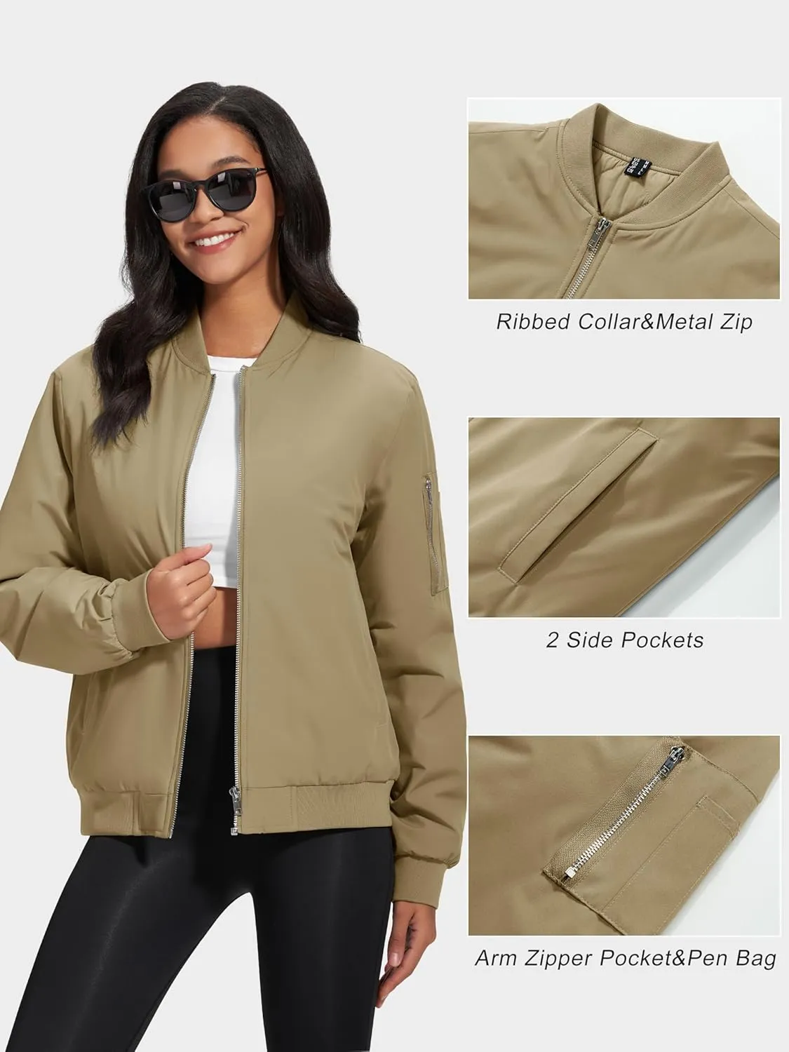 MAGCOMSEN Women's Winter Bomber Jacket Casual Basic Zip Up Padded Coats Water Resistant Long Sleeve Outwear with Pockets