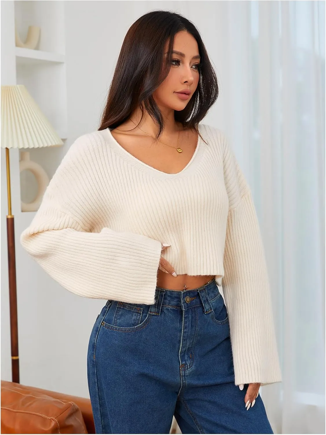 MakeMeChic Women's Cream Cropped Sweater Knit Crop Top Sweater V Neck Drop Shoulder Long Sleeve Pullover