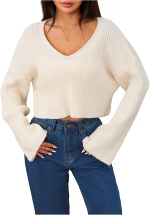 MakeMeChic Women's Cream Cropped Sweater Knit Crop Top Sweater V Neck Drop Shoulder Long Sleeve Pullover