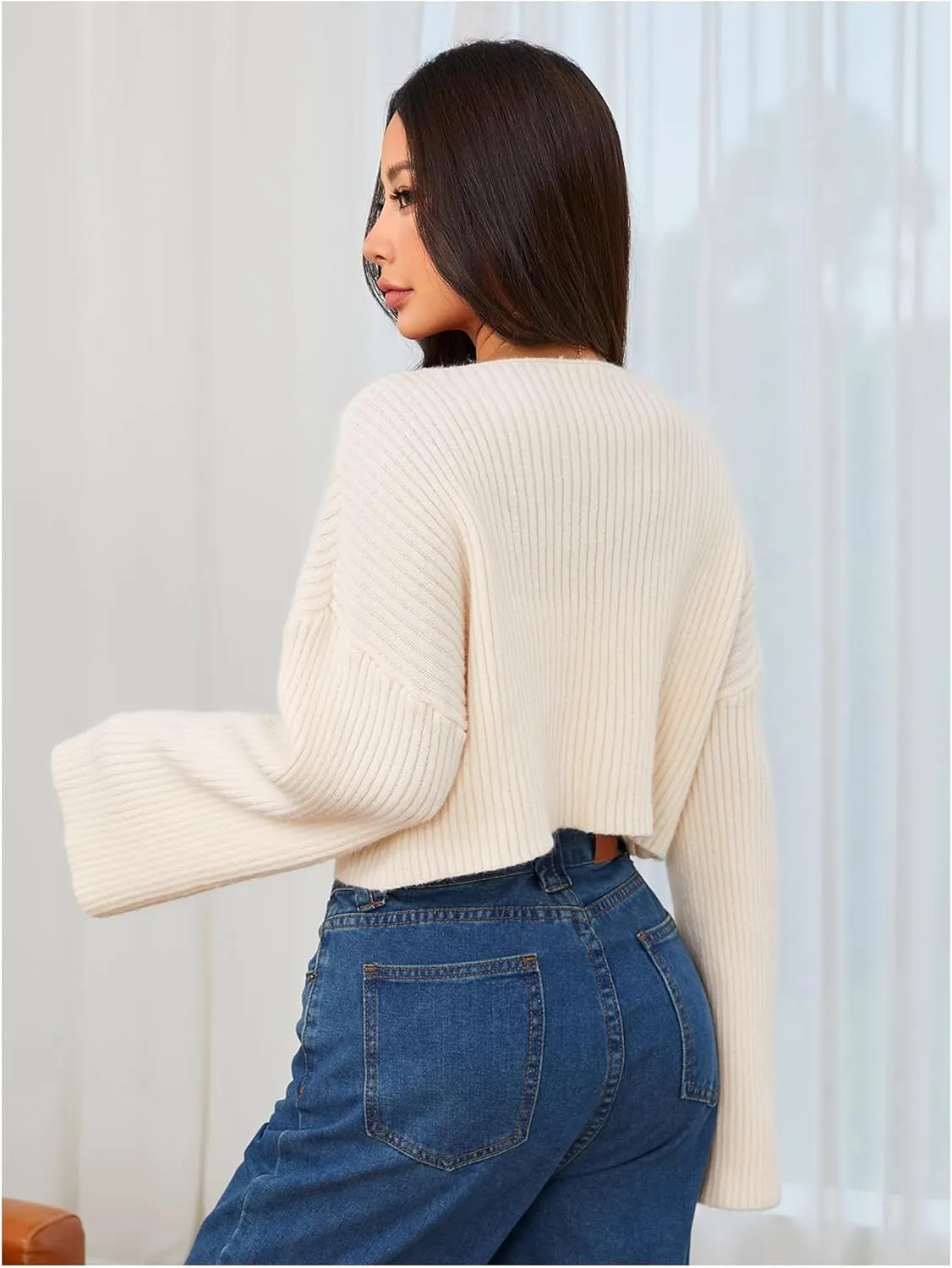 MakeMeChic Women's Cream Cropped Sweater Knit Crop Top Sweater V Neck Drop Shoulder Long Sleeve Pullover
