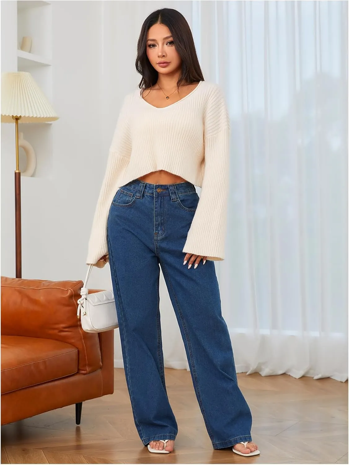 MakeMeChic Women's Cream Cropped Sweater Knit Crop Top Sweater V Neck Drop Shoulder Long Sleeve Pullover