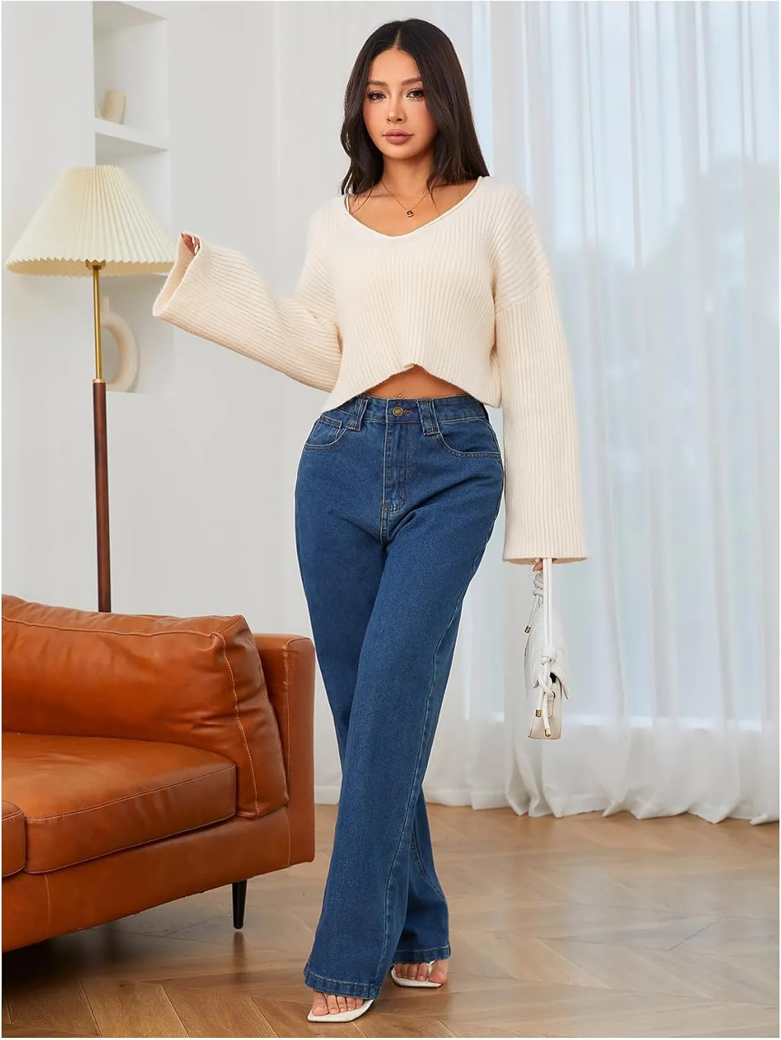 MakeMeChic Women's Cream Cropped Sweater Knit Crop Top Sweater V Neck Drop Shoulder Long Sleeve Pullover