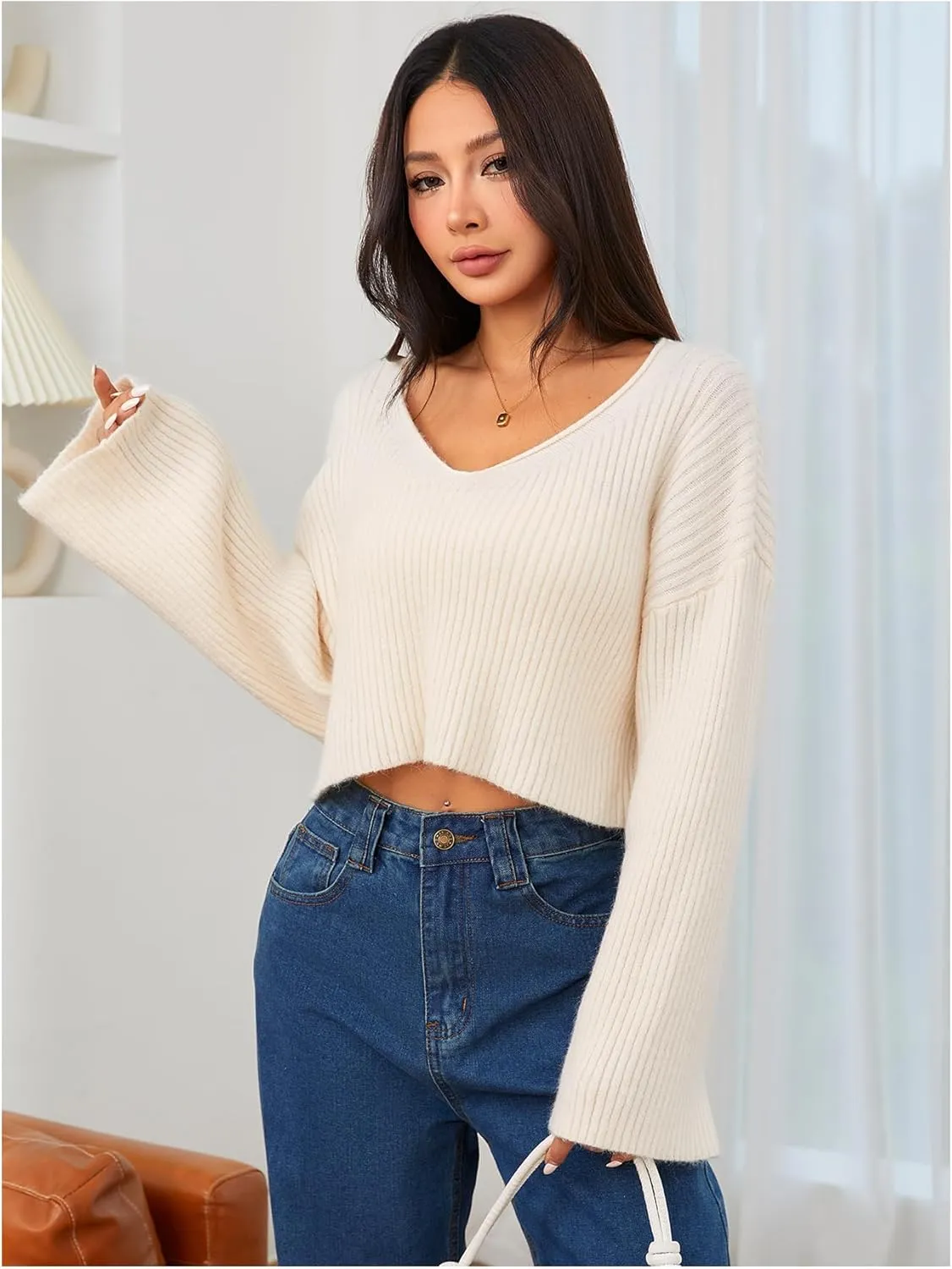 MakeMeChic Women's Cream Cropped Sweater Knit Crop Top Sweater V Neck Drop Shoulder Long Sleeve Pullover