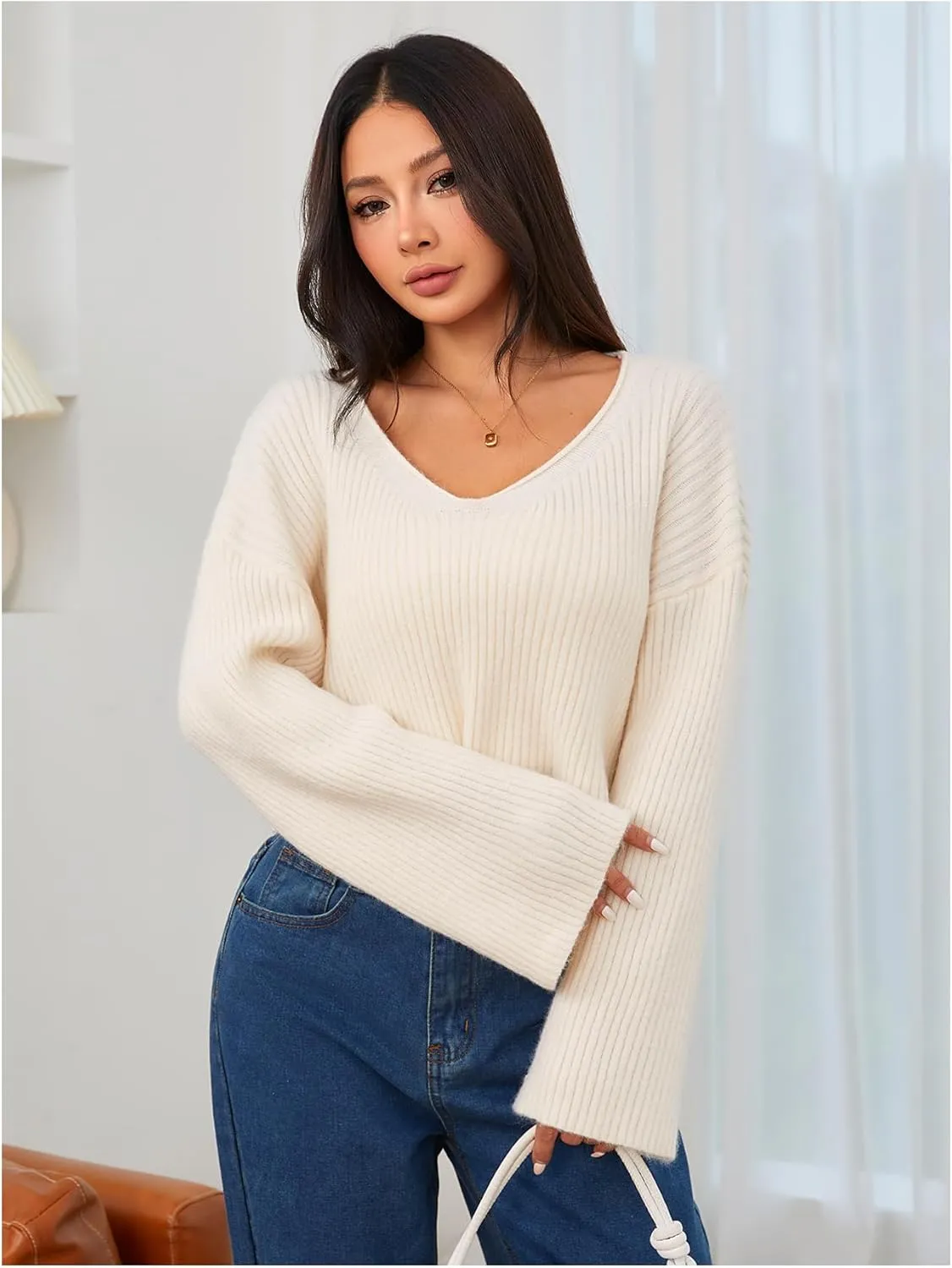 MakeMeChic Women's Cream Cropped Sweater Knit Crop Top Sweater V Neck Drop Shoulder Long Sleeve Pullover