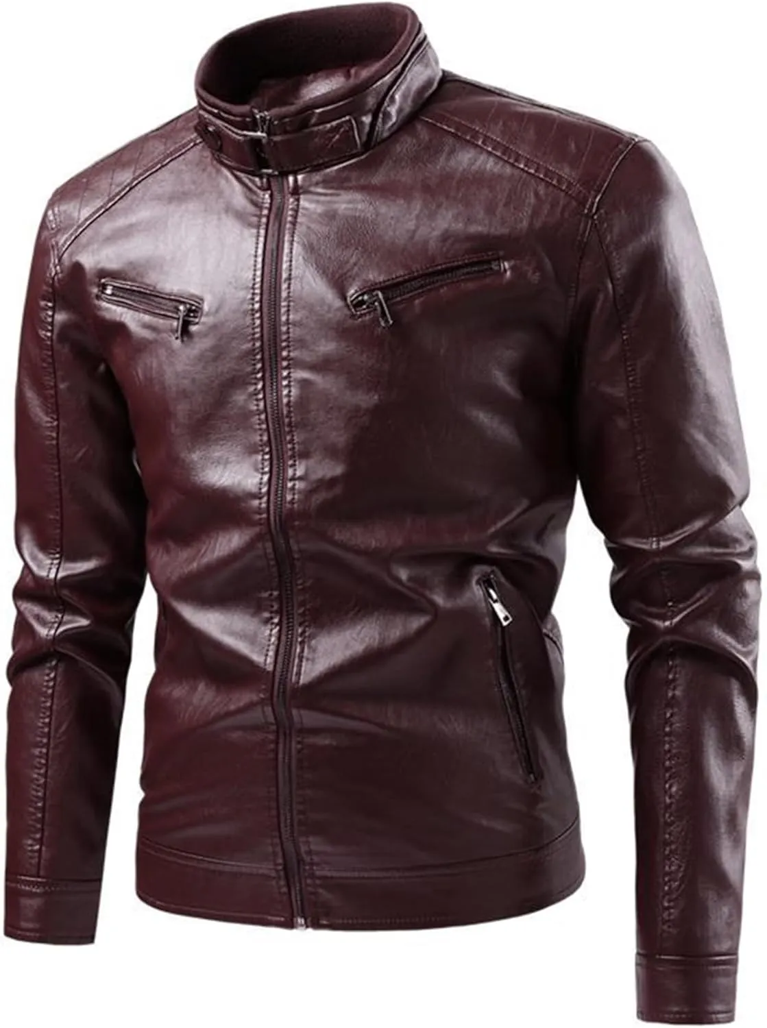 Male Stripe Leather Coat Stand Collar Pu Jackets Faux Leathers Jacket Racer Biker Style Double Zipper