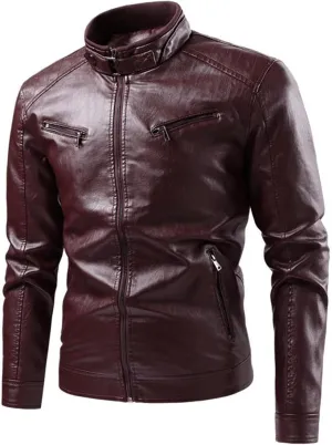 Male Stripe Leather Coat Stand Collar Pu Jackets Faux Leathers Jacket Racer Biker Style Double Zipper